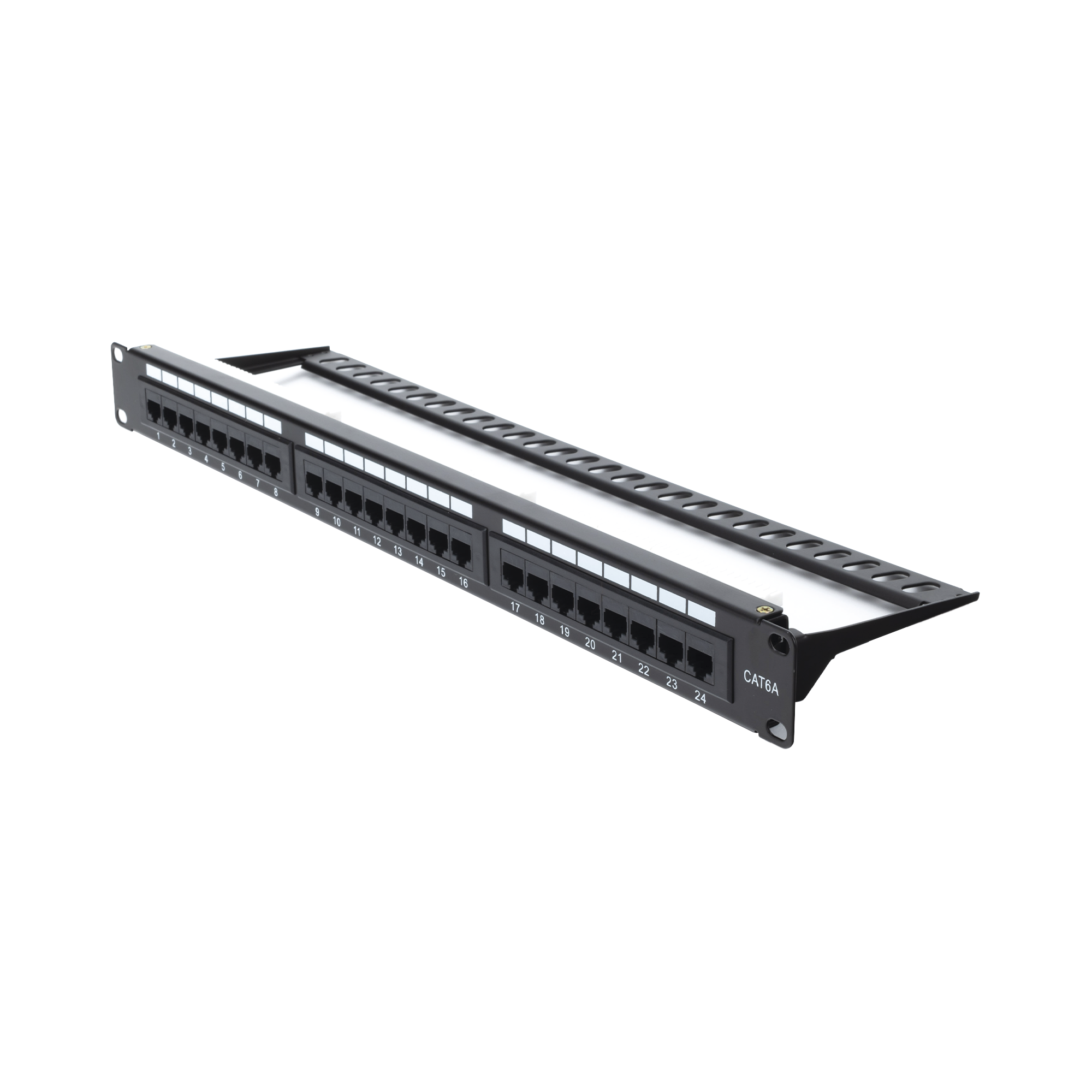 Patch Panel Cat6A 24 Puertos Impacto 110 1U con Barra y Etiquetado