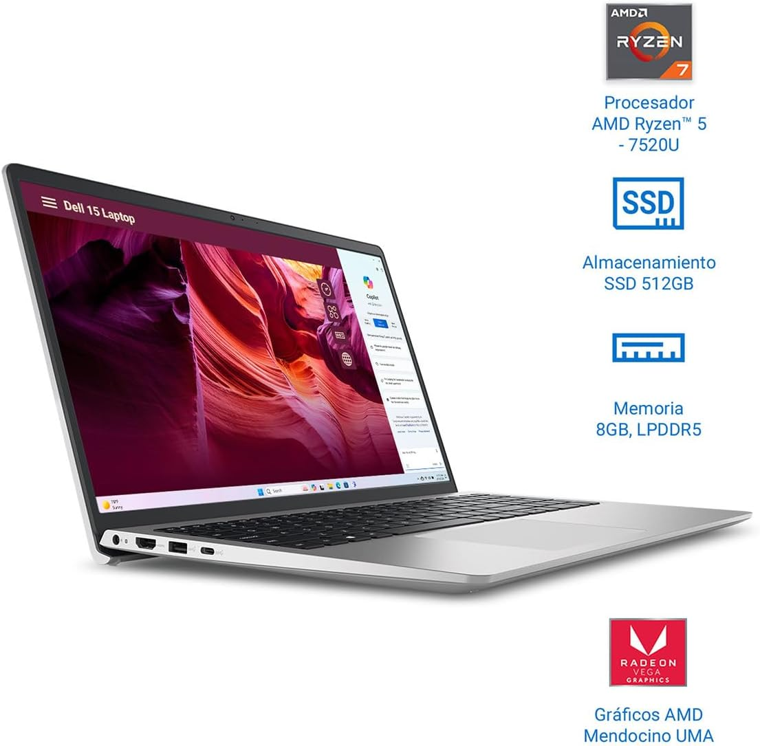 Laptop Dell 15.6" Ryzen 5 7520U 8GB RAM SSD 512GB FHD 120Hz Dell - Image 2